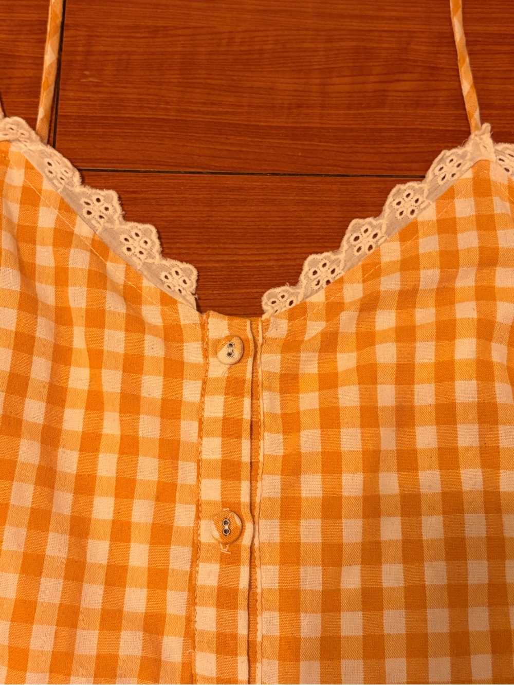 Vintage Yellow Gingham Button-Front Strappy Sundress with Lace Trim - Picture 2 of 8